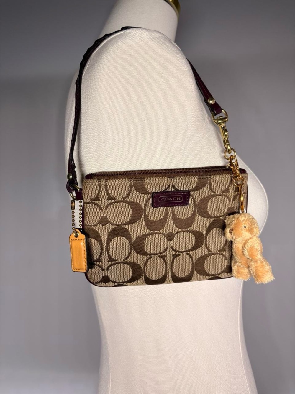 Vintage Y2K Coach Brown Signature Jacquard Wristlet Shoulder Bag